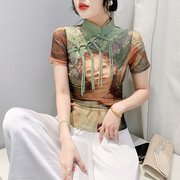 时尚印花网纱短袖t恤女夏装新中式国风盘扣上衣修身百搭洋气小衫