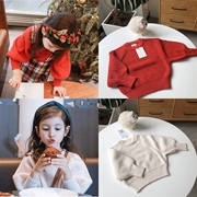 2021冬季童装ins女童，宝宝圣诞红色，灯笼袖羊毛针织衫毛衣