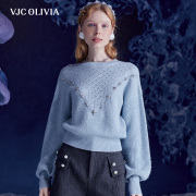 VJC OLIVIA2023秋冬蓝色假两件羊毛衫套头烫钻短款上衣女装