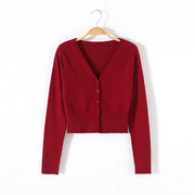 法式复古v领红色，针织开衫外套，女秋冬网红束腰小短款毛衣披肩