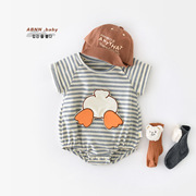 婴儿哈衣夏季新生儿卡通贴布小鸭子，连体薄款短袖，宝宝洋气条纹爬服