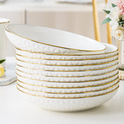 骨瓷盘子菜盘家用餐盘，汤盘套装陶瓷碟子，浮雕金边盘子组合深盘