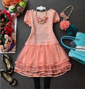 欧洲站甜美时尚勾花镂空短袖蕾丝雪纺连衣裙3个色好质量