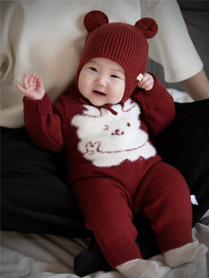 婴儿衣服秋冬装毛衣宝宝套头针织衫加厚百搭喜庆龙年毛织连体衣