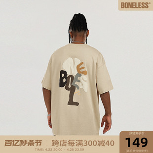 BONELESS树形字母变形印花短袖潮牌夏季休闲男女卡通美式情侣T恤
