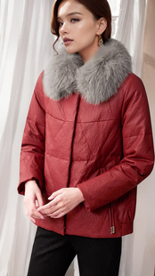 红色毛领白鹅绒(白鹅绒，)百搭抗寒皮短款外套冬季黑色，加厚显瘦长袖羽绒服女