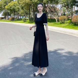 夏季蕾丝边短袖长款连衣裙，女2024年高级感显瘦长裙黑色裙子
