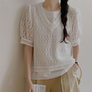 时尚起义韩国甜美温，柔风镂空蕾丝花纹短袖，罩衫t恤mi23052802