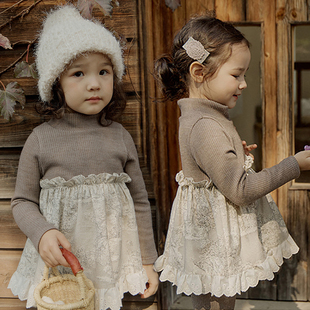 冬款女童可爱娃娃衫拼接蕾丝，花边衣摆t恤宝宝复古气质打底衫上衣
