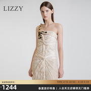 LIZZY2024春季轻奢女装手工钉珠单肩设计感包臀裙抹胸小礼服