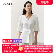 Amii2024夏V领中袖配腰带雪纺衫女修身显瘦设计感法式上衣