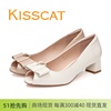 kisscat接吻猫2024春夏，粗跟鱼嘴羊皮蝴蝶结低跟女鞋，单鞋商场浅口