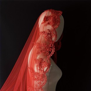 红色头纱新娘红盖头结婚纱复古风中式秀禾汉服半透明网纱蒙头拍照