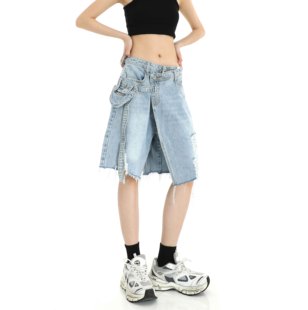 美式复古不规则破洞牛仔，短裤女夏季潮ins设计小众高街辣妹五分裤