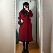 酒红色呢子大衣女2022年秋冬vintage小个子赫本风中长款毛呢外套