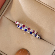 s925银红蓝宝石细薄戒指时尚个性，戒指细排钻戒指冷淡风ins潮