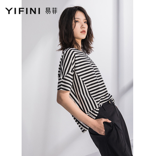 Yifini/易菲宽松圆领条纹T恤女夏装黑白撞色拼接百搭上衣