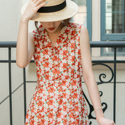 rinka大小姐夏季法式橘红色，印花无袖连衣裙，中长款通勤套头裙