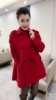 红色欧货宽松休闲大衣女士西装，领双排扣纯色，中长款洋气显瘦外套