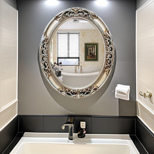 欧式复古浴室镜子卫生间梳妆镜，卧室挂墙化妆镜店面椭圆形装饰镜框
