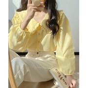 奶黄色长袖衬衫女春季法式复古娃娃领上衣设计感小众奶甜衬衣上衣