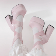 粉色交叉绑带防水台高跟鞋女粗跟厚底玛丽珍甜美lolita鞋法式单鞋