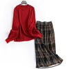 红色宽松显瘦圆领纽扣长袖针织，毛衣格子松紧腰，半身裙女套装m360