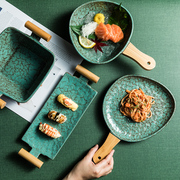 日式餐盘创意双耳带木柄，商用餐厅盘子艺术，个性复古家用陶瓷寿司盘