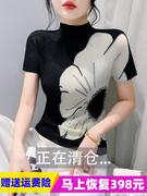 国潮中国风气质3d印花半高领上衣女夏季设计感大花朵修身短袖t恤
