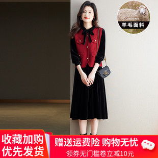 韩版羊毛羊绒短马甲，金丝绒两件套装，连衣裙2023年秋冬打底裙女