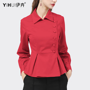 衬衫女职业收腰衬衣通勤气质上衣红色设计感显瘦加绒小衫春秋