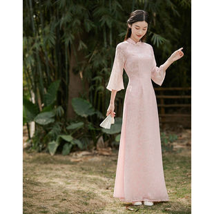 洛古仙夏季中国风修身长款，改良旗袍喇叭，袖盘扣斜襟连衣裙女装