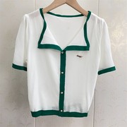 针织衫夏季女装甜美韩系慵懒风，v领撞色短袖，气质百搭针织t恤