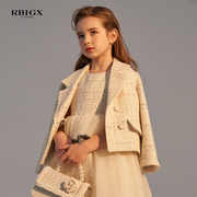rbigx瑞比克童装秋季翻驳领花呢，小香风羊毛短外套女童小西装