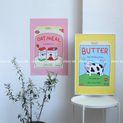 韩国ins同款可爱卡通，粉黄色奶牛麦片，盒子海报相框店铺墙面装饰画