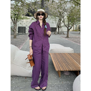 tingtings紫色亚麻衬衫套装女夏高级感宽松防晒上衣阔腿裤两件套