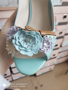 threeflower'sshop2019夏pb甜美淑女牛漆皮，手工花朵坡跟女凉鞋