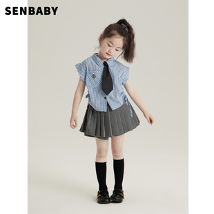 senbaby女童夏装衬衣儿童，美式学院风套装宝宝翻领，蓝条纹无袖衬衫