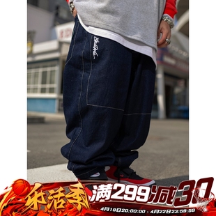 BLACUL 刺绣深蓝色牛仔裤男hiphop嘻哈美式复古宽松肥大版型长裤