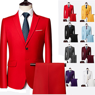 男士红色西装外套，主持演出商务休闲正装，大码西服套装新郎结婚礼服