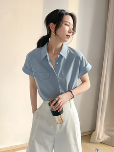 蓝色短袖衬衫女夏季职业装白领，气质高级感薄款工作服宽松雪纺上衣