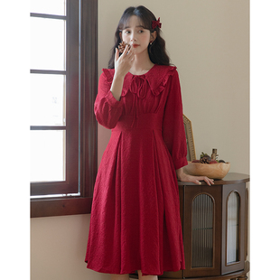 红色连衣裙春秋季小个子，娃娃领少女，小红裙气质复古法式红裙子