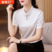 新中式女装改良旗袍上衣纯色，缎面短袖t恤女夏季国风盘扣小衫