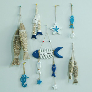 地中海风格木质海星鱼串创意挂牌做旧仿真小鱼壁饰挂件