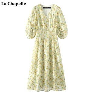拉夏贝尔/La Chapelle夏季绿色碎花连衣裙女气质度假风长裙子