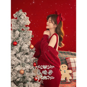 影楼孕妇拍照服装圣诞，主题新年红色毛衣情侣，套装大肚居家摄影