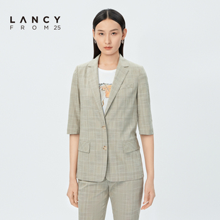 lancy悦朗姿女装2023夏季格纹短袖西装，外套女薄款休闲西服女