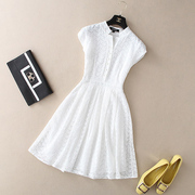 夏季高端气质优雅女装显瘦A字裙小个子白色短袖蕾丝连衣裙子