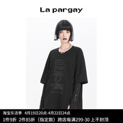 lapargay纳帕佳2024女装黑色上衣，个性时尚修身圆领中长款t恤