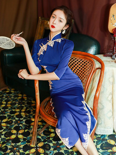 宝蓝色旗袍复古中国风长款女改良版，长袖气质名媛老上海连衣裙长款